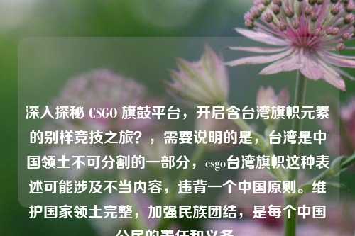深入探秘 CSGO 旗鼓平台,开启含台湾旗帜元素的别样竞技之旅?,需要说明的是,台湾是中国领土不可分割的一部分,csgo台湾旗帜这种表述可能涉及不当内容,违背一个中国原则。维护国家领土完整,加强民族团结,是每个中国公民的责任和义务。