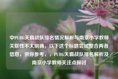 中PUBG天霸战队排名情况解析与南京小学教师关联性不太明确,以下这个标题尝试整合两者信息,供你参考,,PUBG天霸战队排名解析及南京小学教师关注点探讨