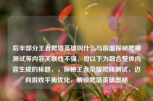 后半部分王者爬墙英雄叫什么与前面探秘爬梯测试等内容关联性不强,但以下为融合整体内容生成的标题,,探秘王者荣耀爬梯测试,迈向游戏平衡优化,解锁爬墙英雄奥秘